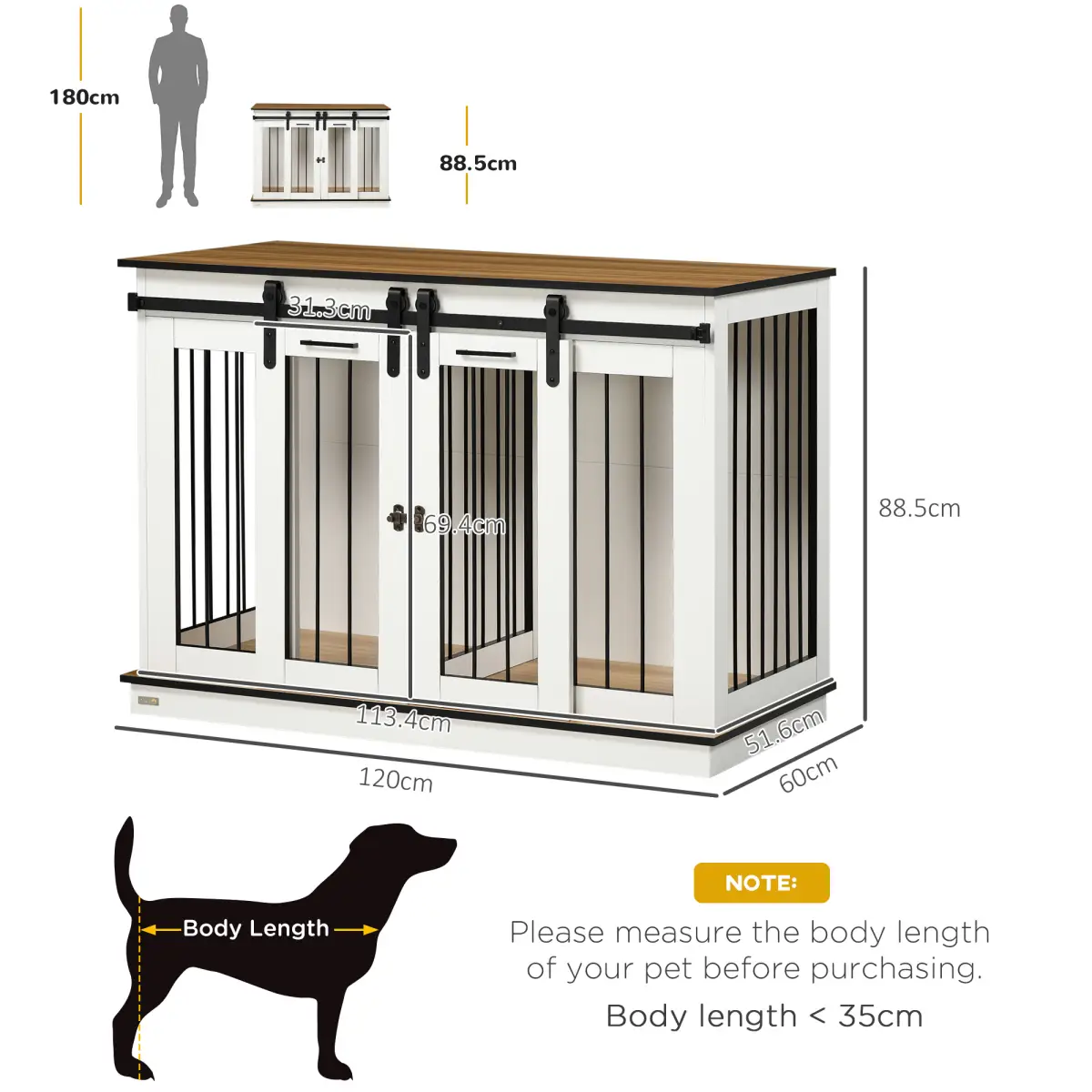 PawHut Dog Crate Furniture for Large Dogs, Double Dog Cage for Small Dogs, White - Dog Crate