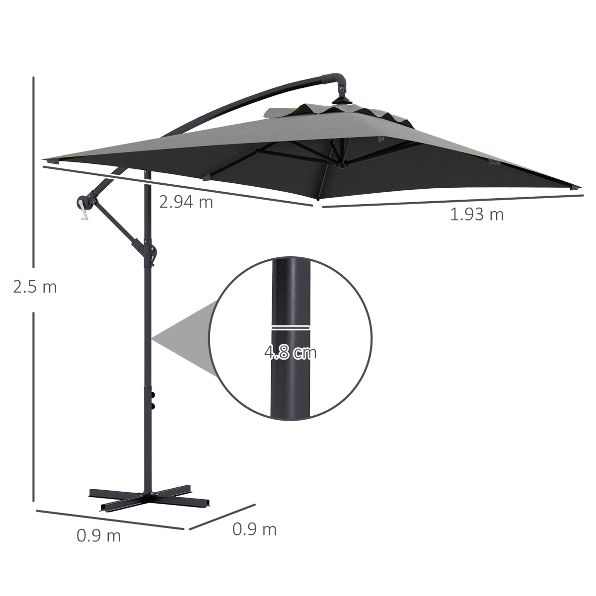 Outsunny Outsunny 3 m Cantilever Parasol with Cross Base, Crank Handle, 6 Ribs, Grey - Parasol
