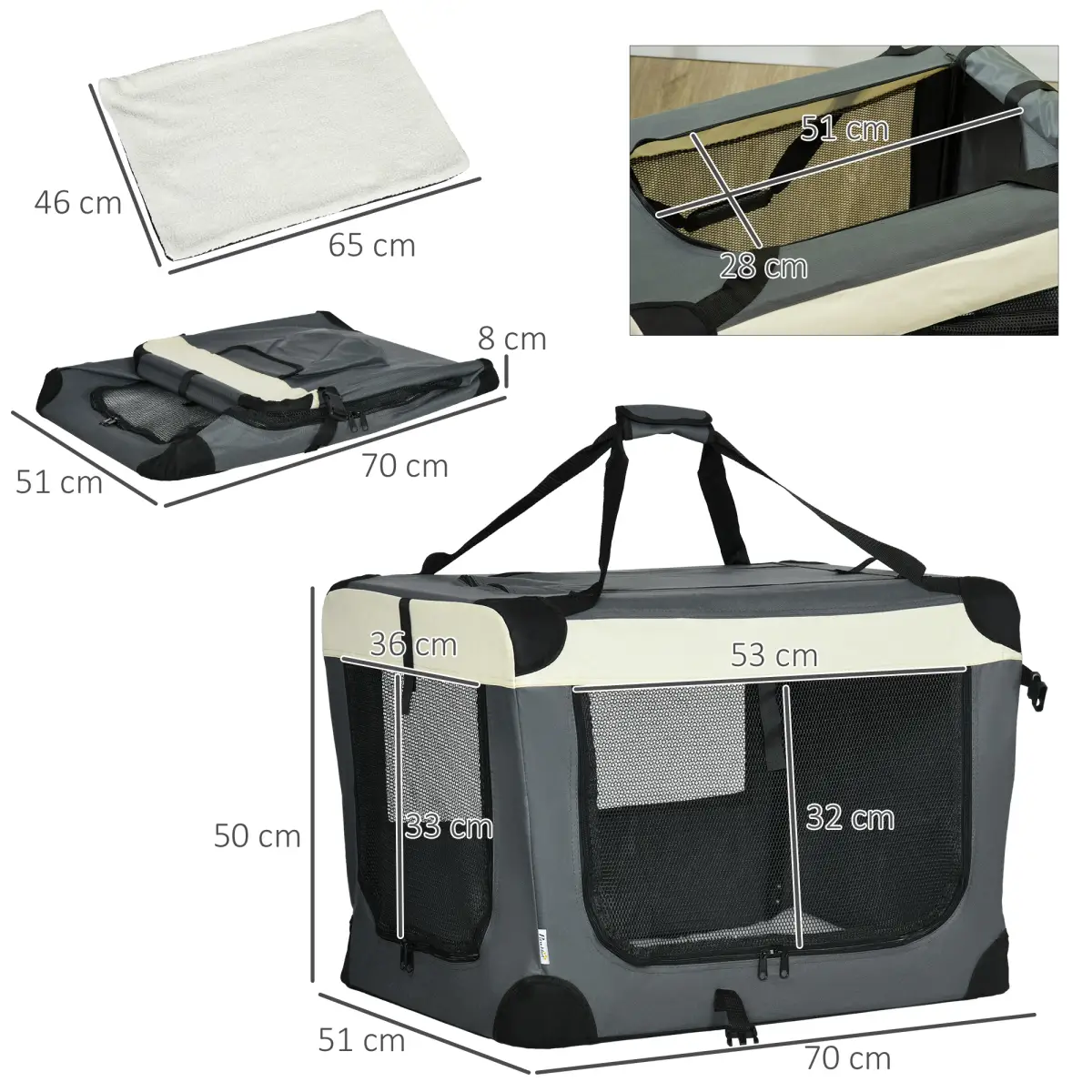Unbranded 70cm Foldable Pet Carrier w/ Cushion for Mini Dogs and Cats - Grey Pawhut - Pet Carrier