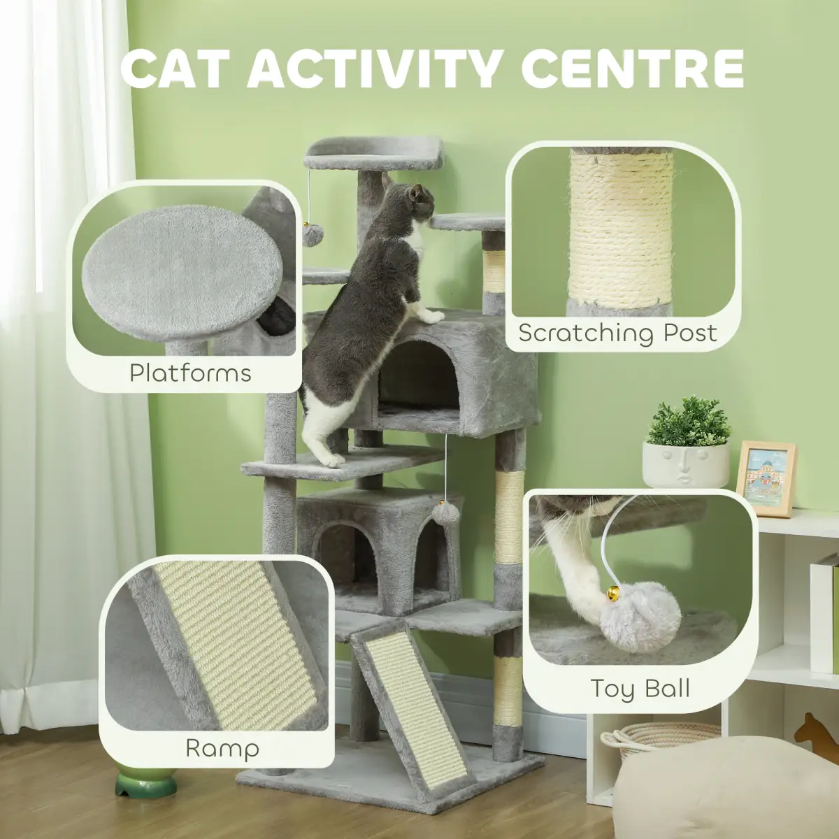 PawHut PawHut 138cm Cat Tree with Scratching Posts and Pad, Bed, Condos, Light Grey - Cat Tree