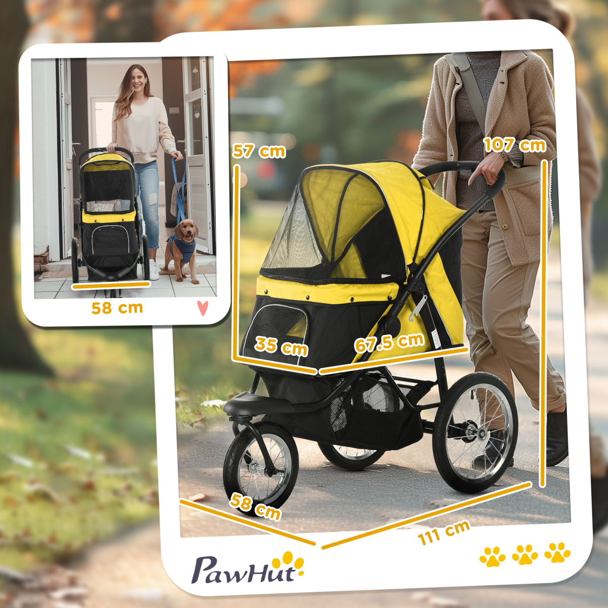 PawHut 3 Wheel Pet Stroller, for Medium Small Dogs, Foldable Cat Pram - Yellow - from PawHut