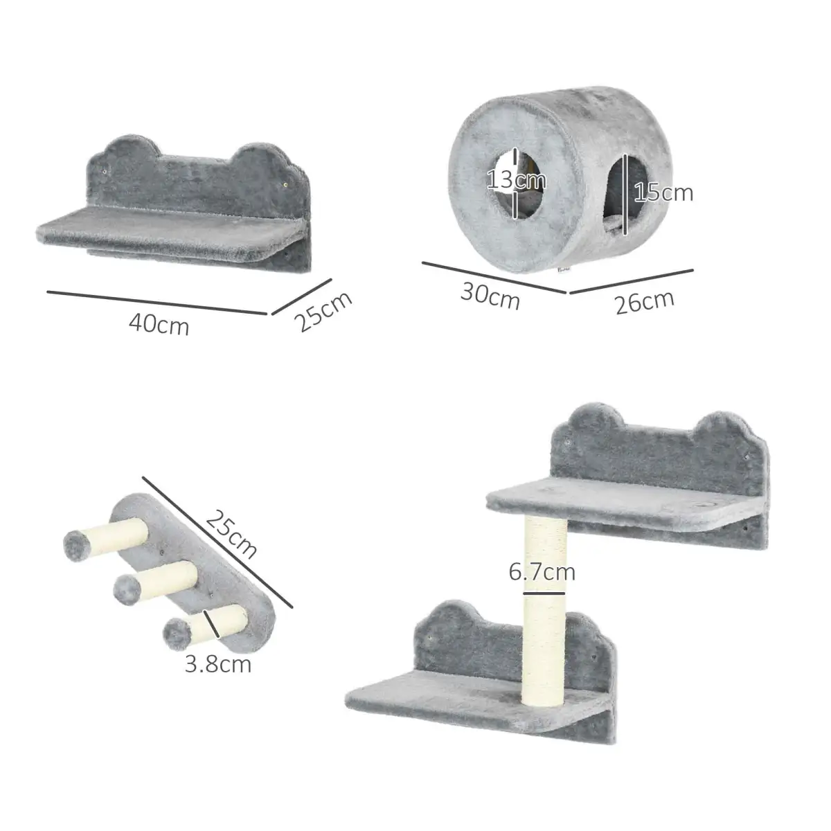 PawHut Four-Piece Wall-Mounted Cat Tree with Platforms, Steps, Perch, Cat House - Grey - Cat Tree