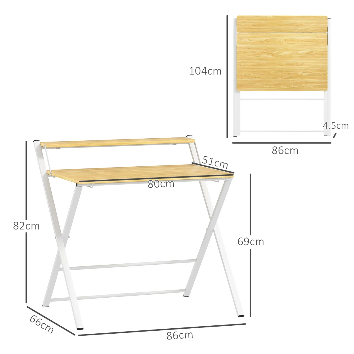 HOMCOM HOMCOM Folding Desk With Two Tier Shelf Maple Wood Effect for Home Office and Bedroom - Desk