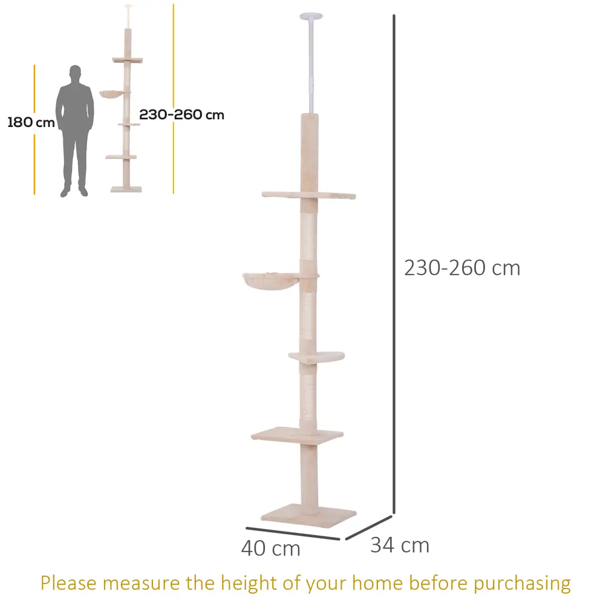 Pawhut Cat Tree Scratching Post Kitty Tower Activity Center 5-Tier Floor to Ceiling - Cat Tree