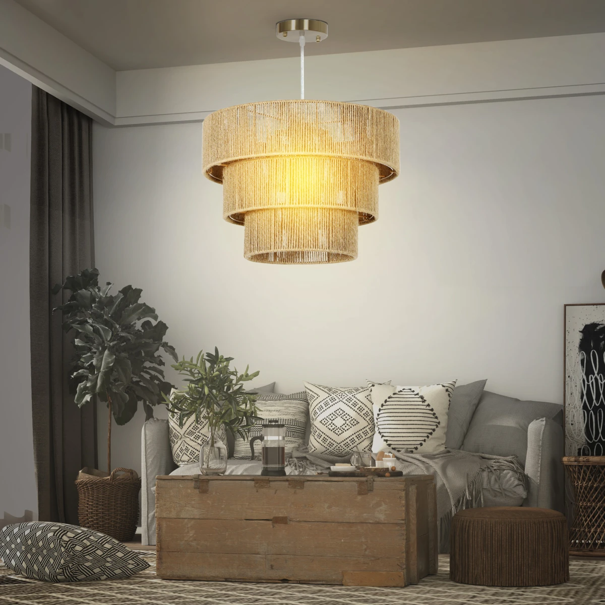 Boho Floor Lamp Tall Three Tier Hemp Rope Shade Diffused Light For Living Room Ambience by N/A