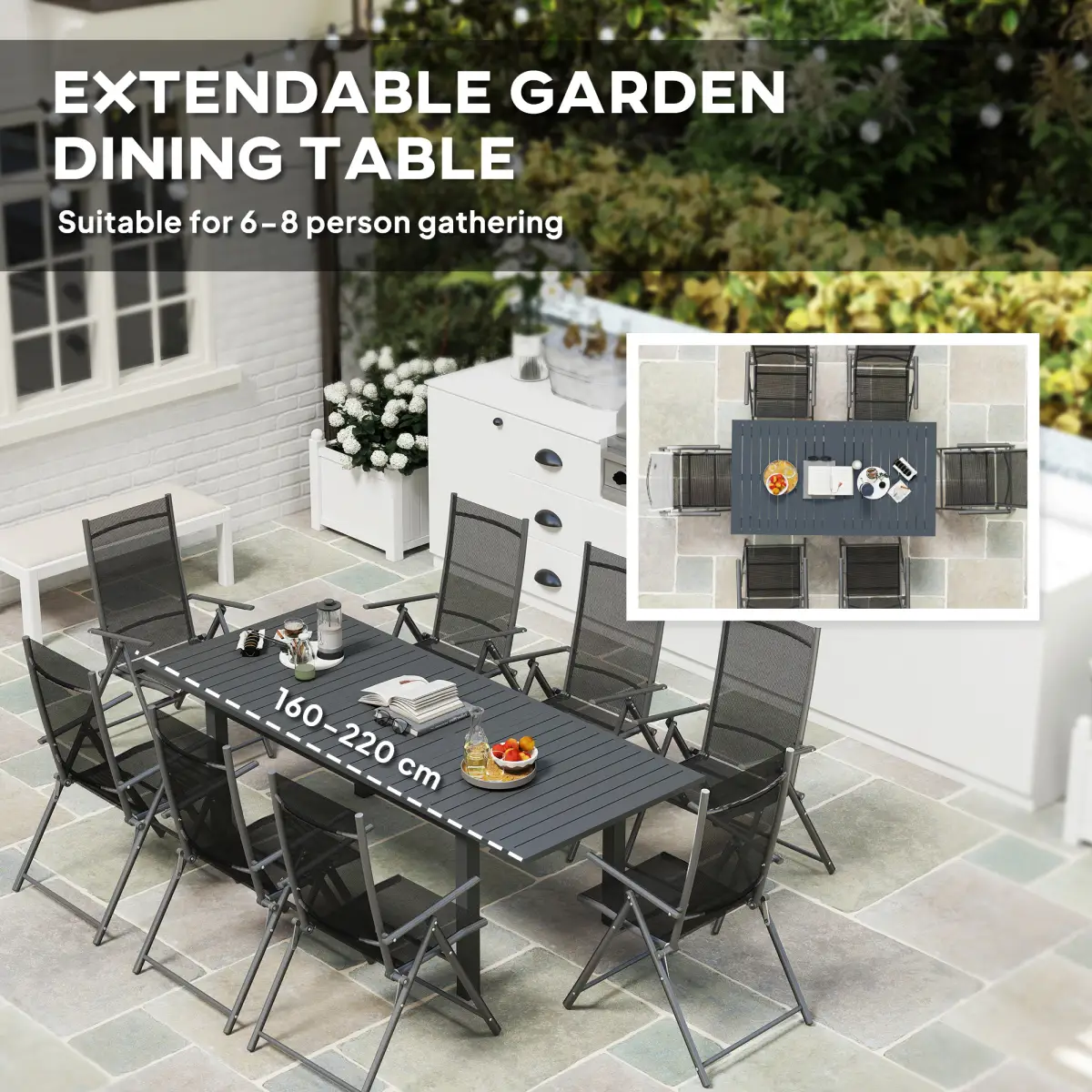 Outsunny Outsunny Extending Garden Table with Slatted Top, 160/220 x 90 x 73 cm, Grey - Garden Table