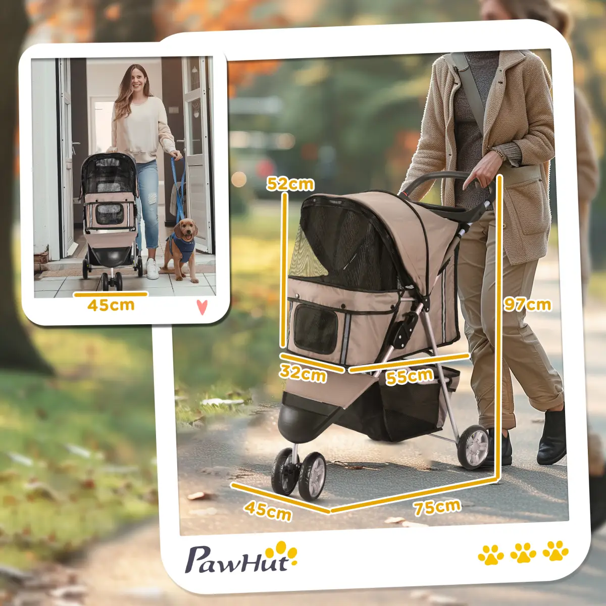 Unbranded Pet Stroller Pushchair Carrier for Cat Puppy with 3 Wheels Brown Pawhut - Pet Carrier