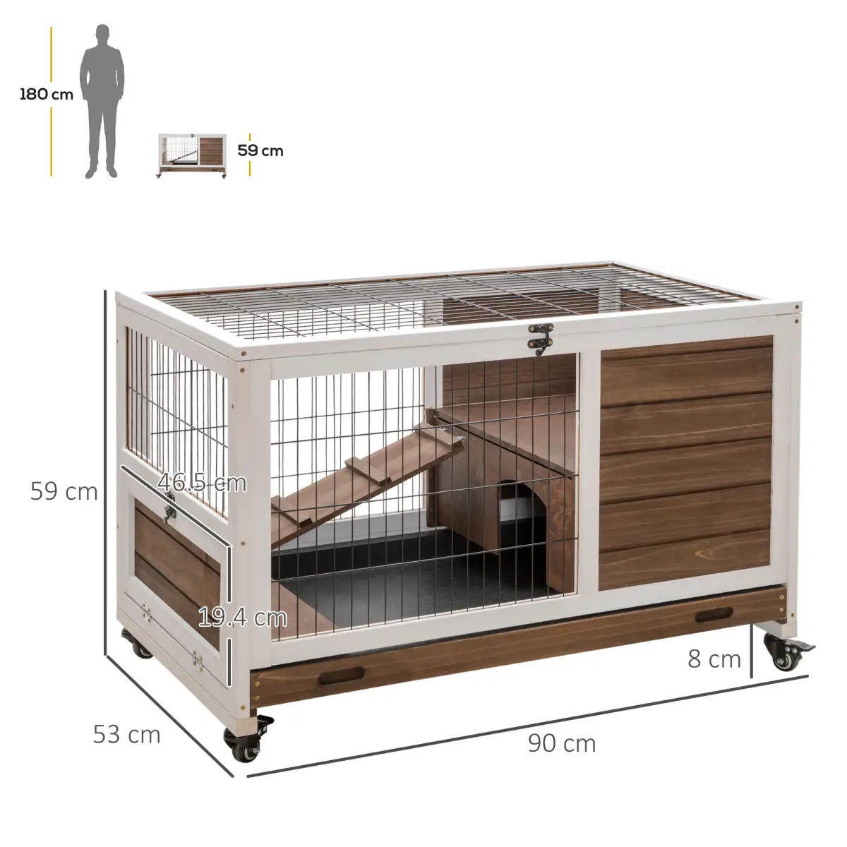 PawHut PawHut Wood Indoor Rabbit Hutch Elevated 2-Floor Guineas Pigs Cage w/ Wheels and with openable Roof - Rabbit Hutch