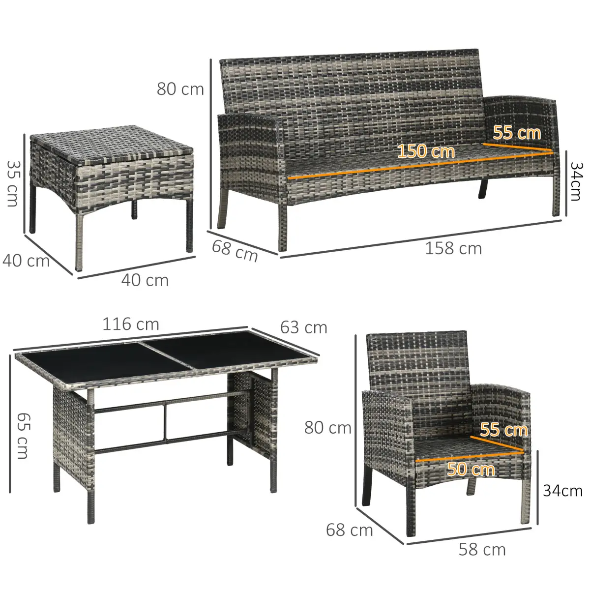 Outsunny Outsunny Rattan Garden Furniture Sofa Set, 2 Armchairs 2 Footstools Table Grey - Garden Set