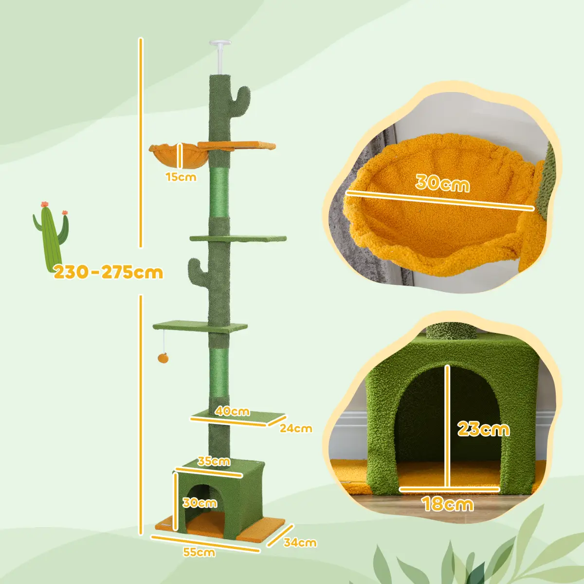 PawHut PawHut 230-275cm Floor-to-Ceiling Cat Tree for Indoor Cats with Cat House - Cat Tree