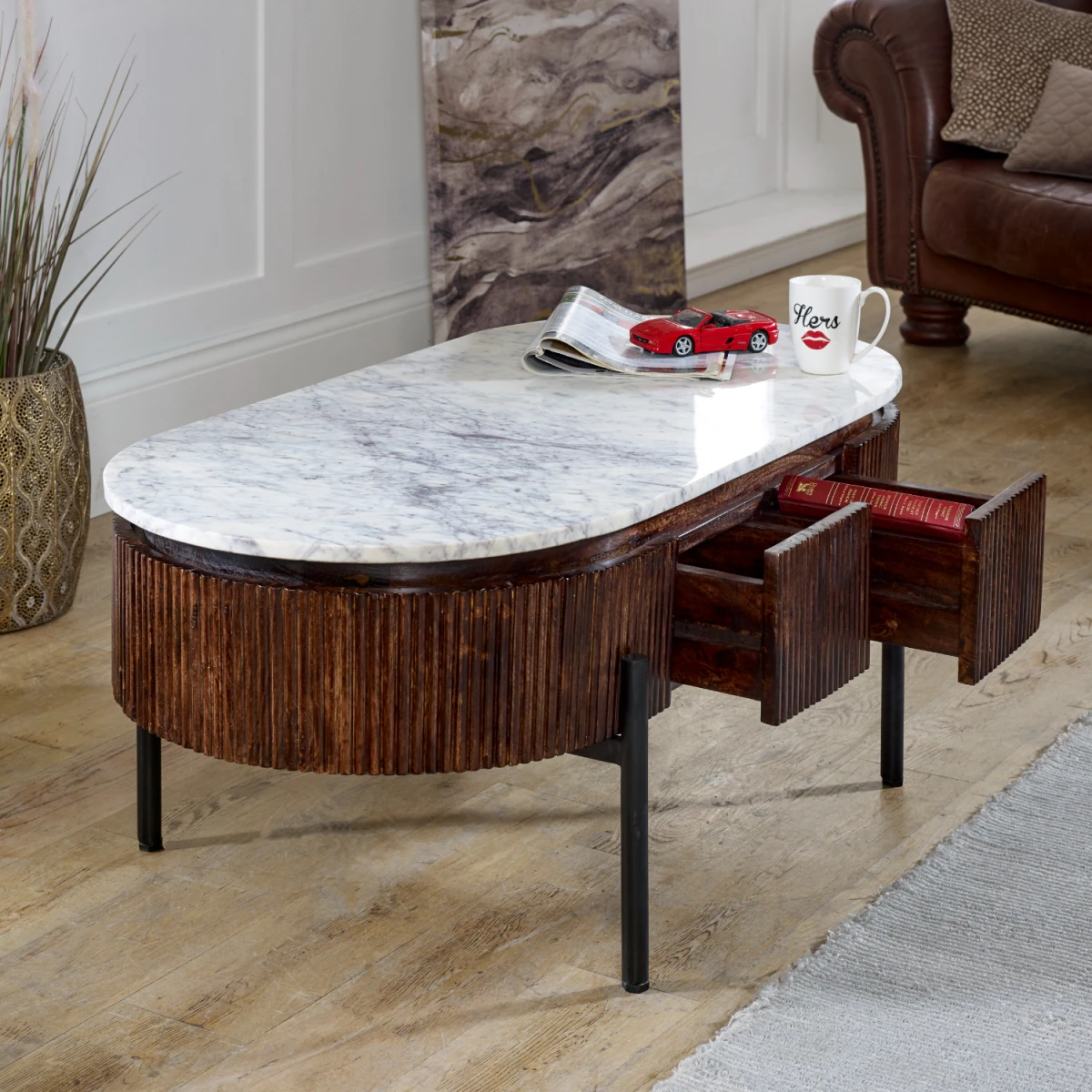 Opal Mango Wood Coffee Table Marble Top Fluted Base With Metal Legs For Living Room by Indian Hub