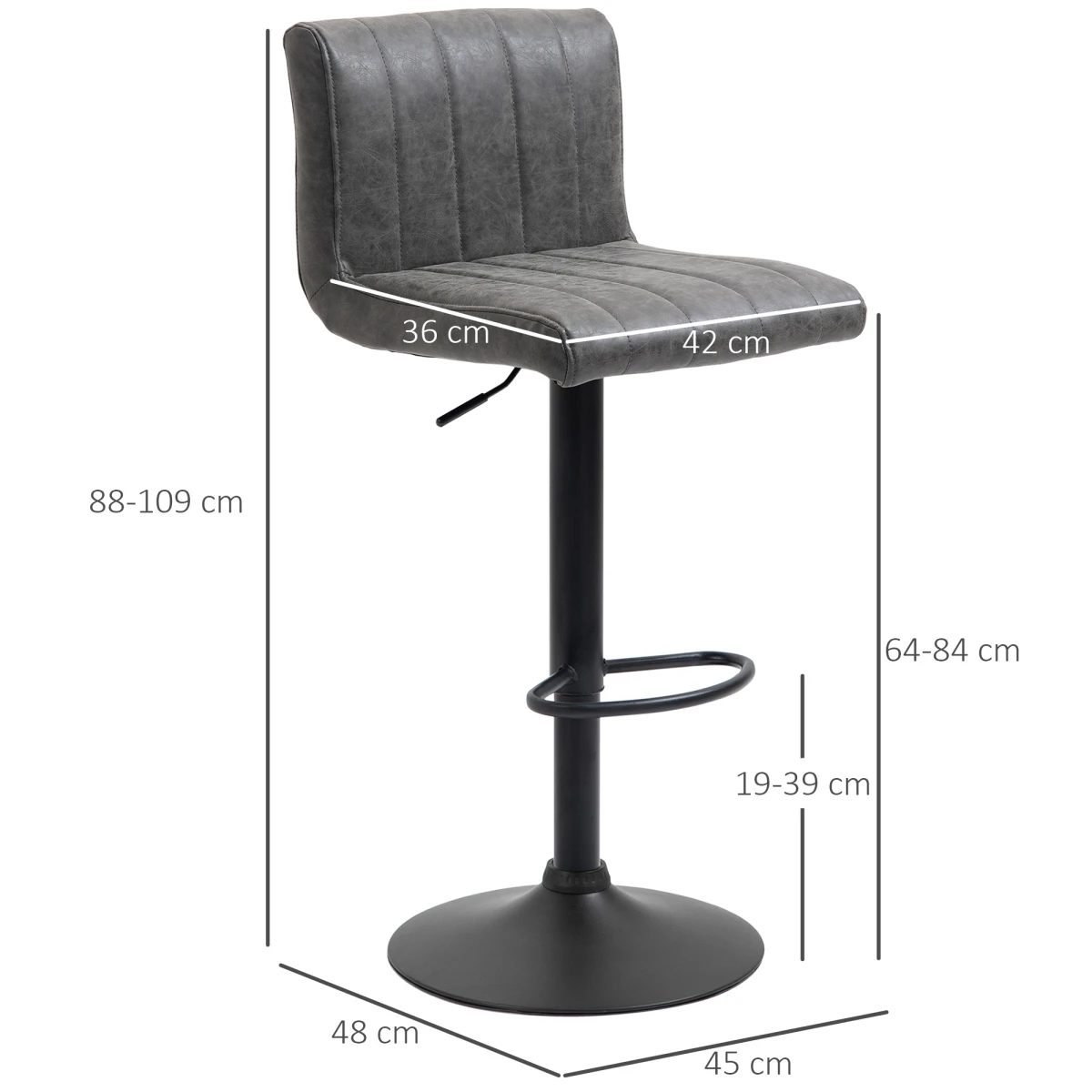 Homcom HOMCOM Premium Bar Stools Set Of 2 Adjustable Height With Footrest Grey PU Leather For Home Kitchen - Bar Stool