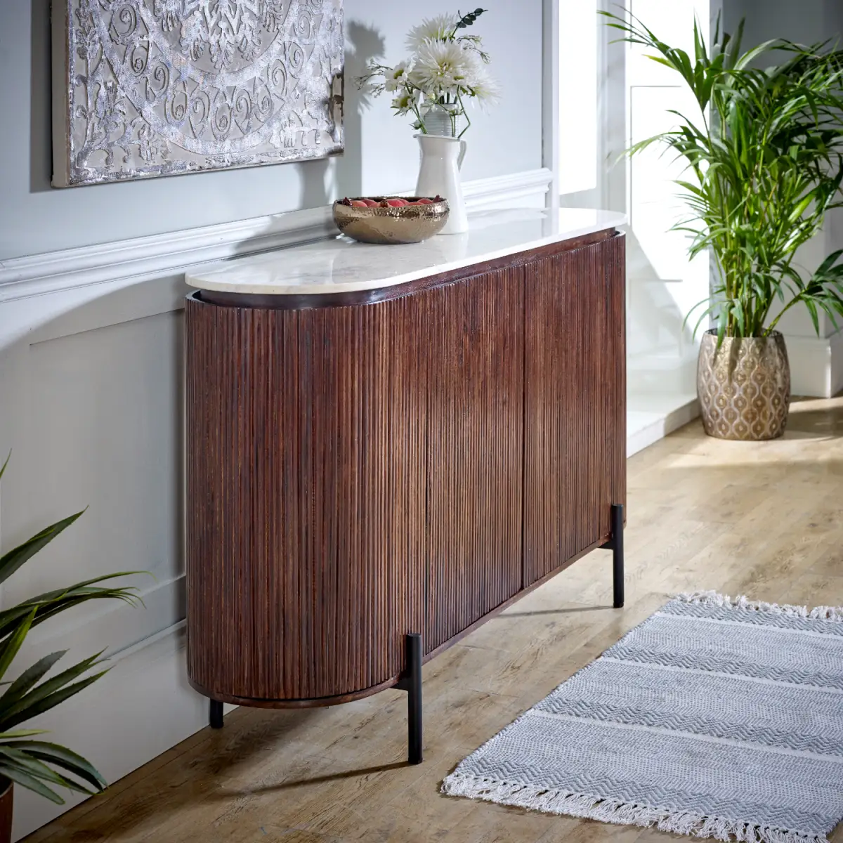 Indian Hub Opal Mango Wood Sideboard With Marble Top & Metal Legs - Sideboard