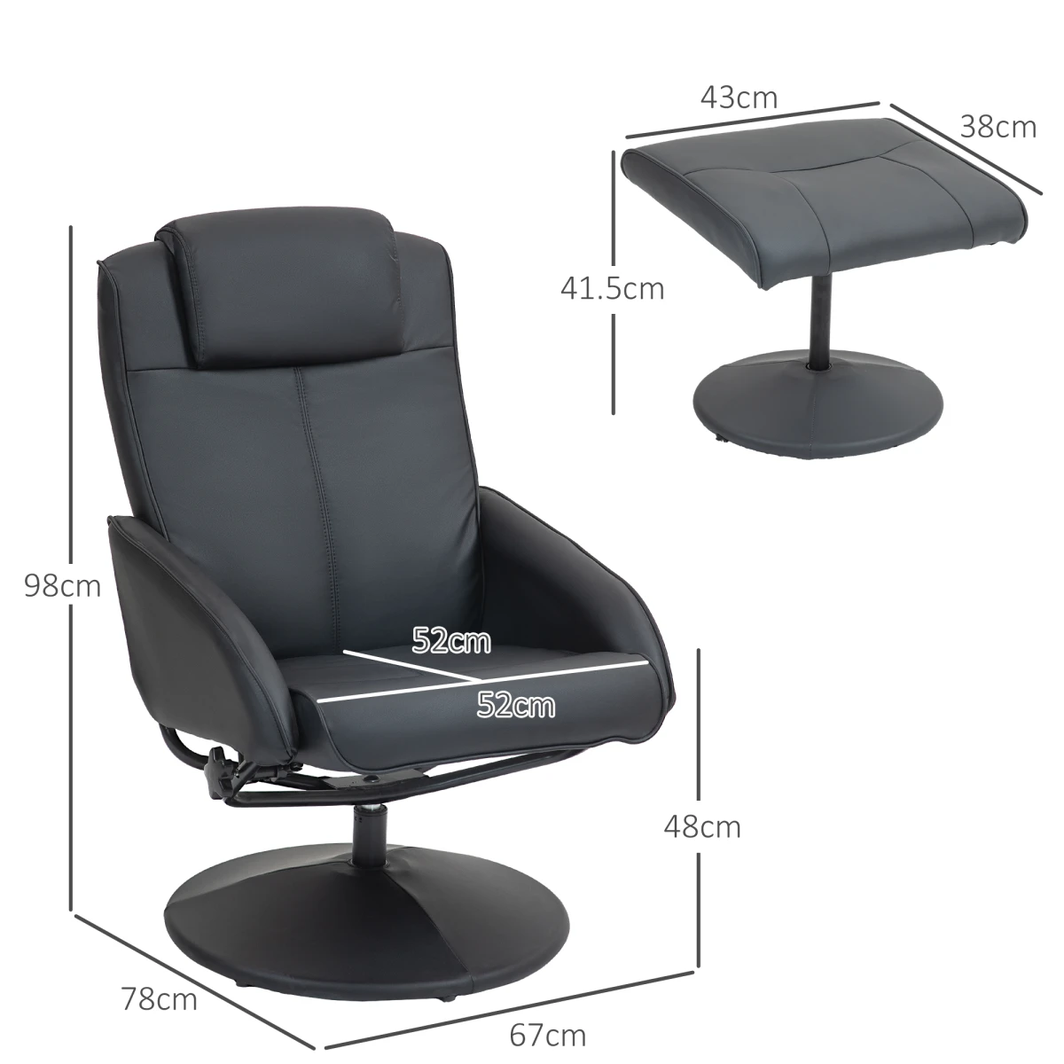 HOMCOM Swivel Armchair With Footstool Standard Size Faux Leather Upholstery 145 Degree Recline Living Room by AIYAPLAY