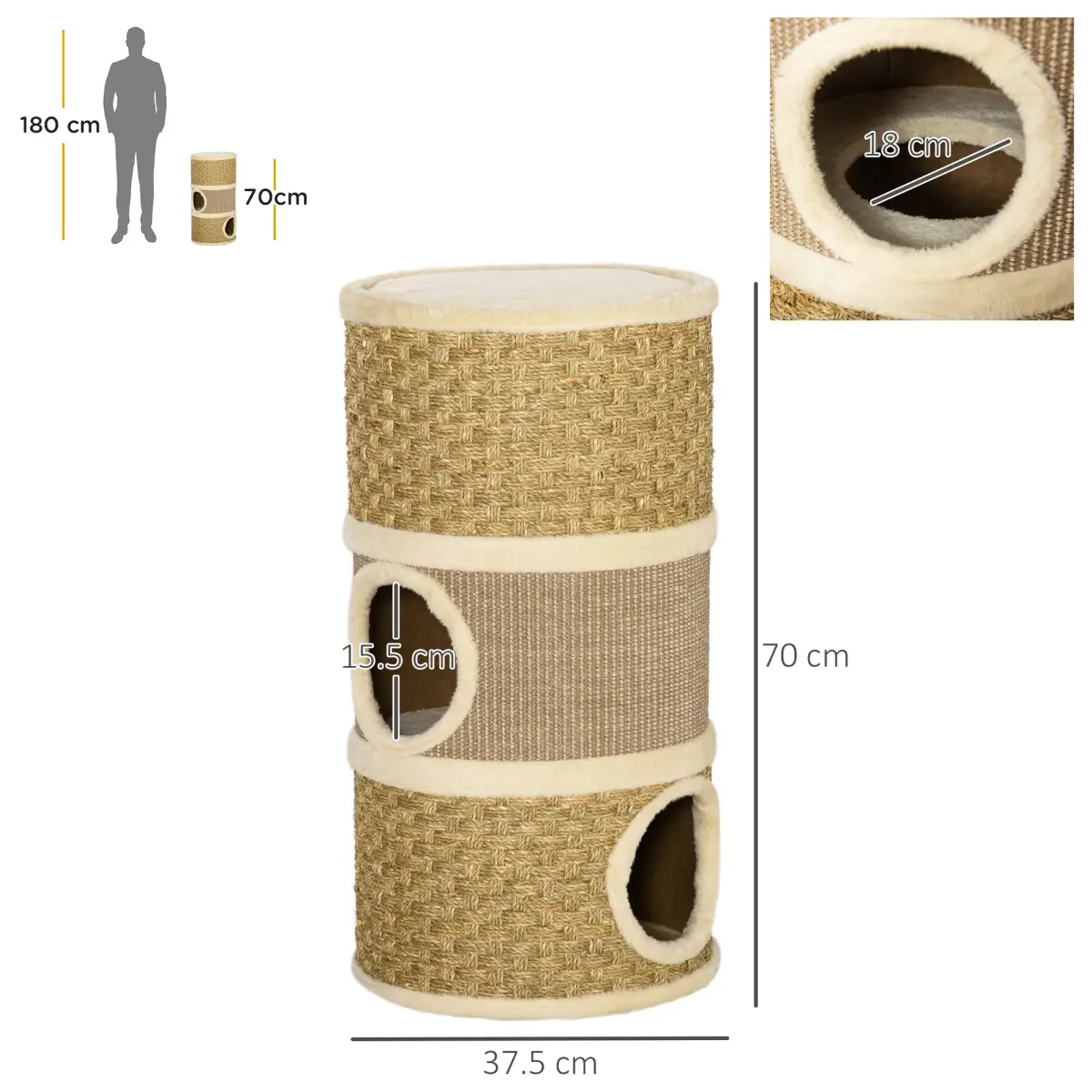 Unbranded Cat Scratching Barrel Kitten Tree Tower with Sisal and Seaweed Rope Pawhut - Cat Tree