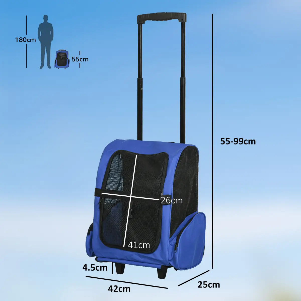 Pawhut Pet Travel Backpack Bag Cat Puppy Dog Carrier w/ Trolley and Telescopic Wheel - Pet Carrier