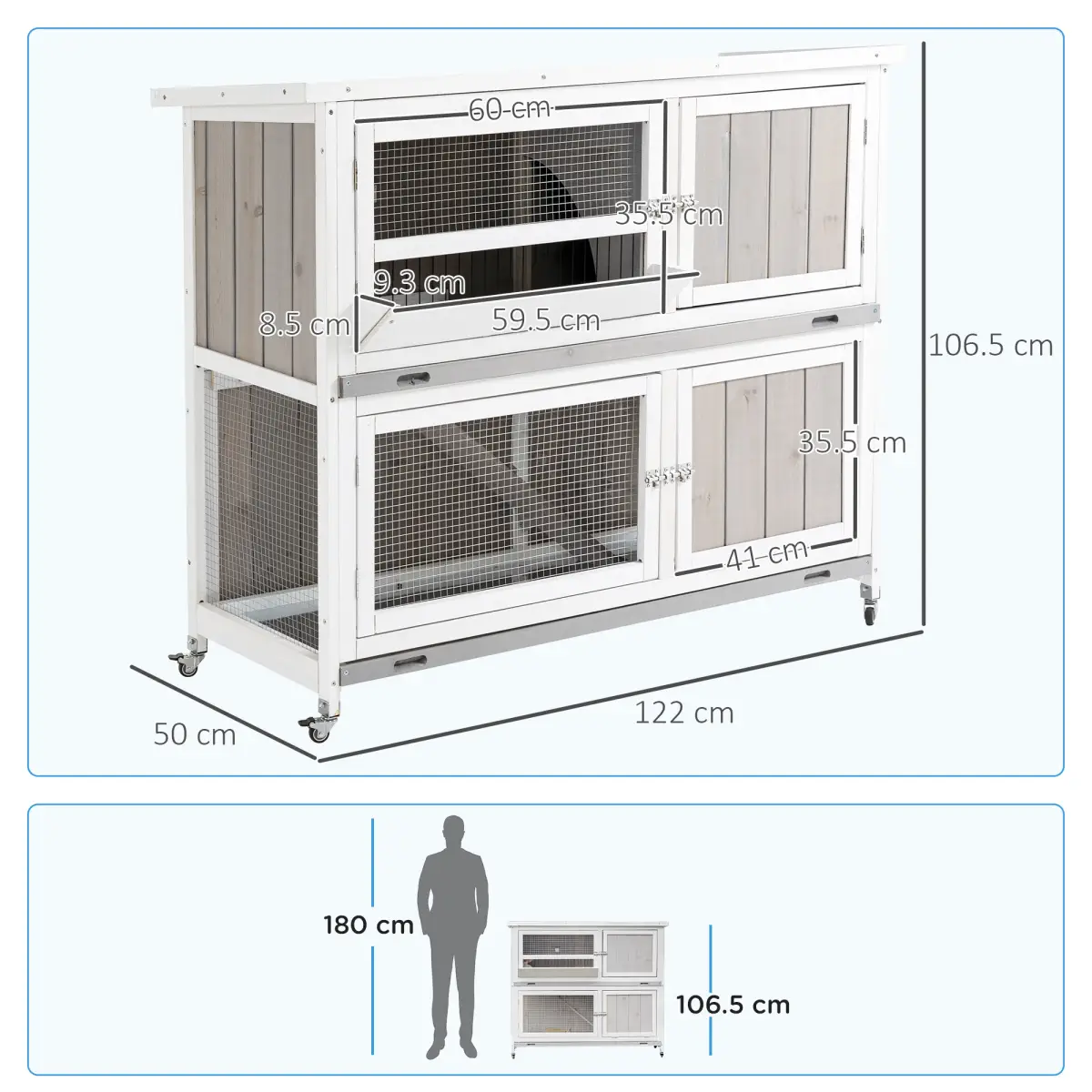 Unbranded Two-Tier Wooden Rabbit Hutch w/ Wheels, Trough, Rain Cover, Tray - Grey Pawhut - Rabbit Hutch