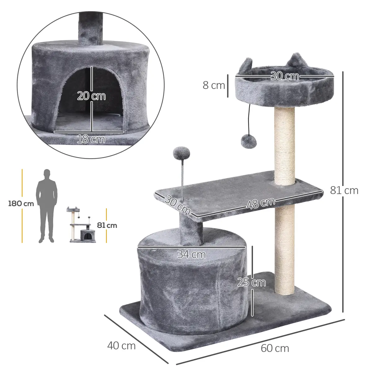 Pawhut 81cm Cat Tree Scratching Post Tower for Kitten Large Cats Activity Centre House - Cat Tree
