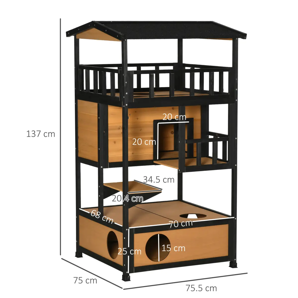 PawHut Wooden Outdoor Cat House 3-Tier Kitten Shelter w/ Tilted Roof Yellow - Cat House