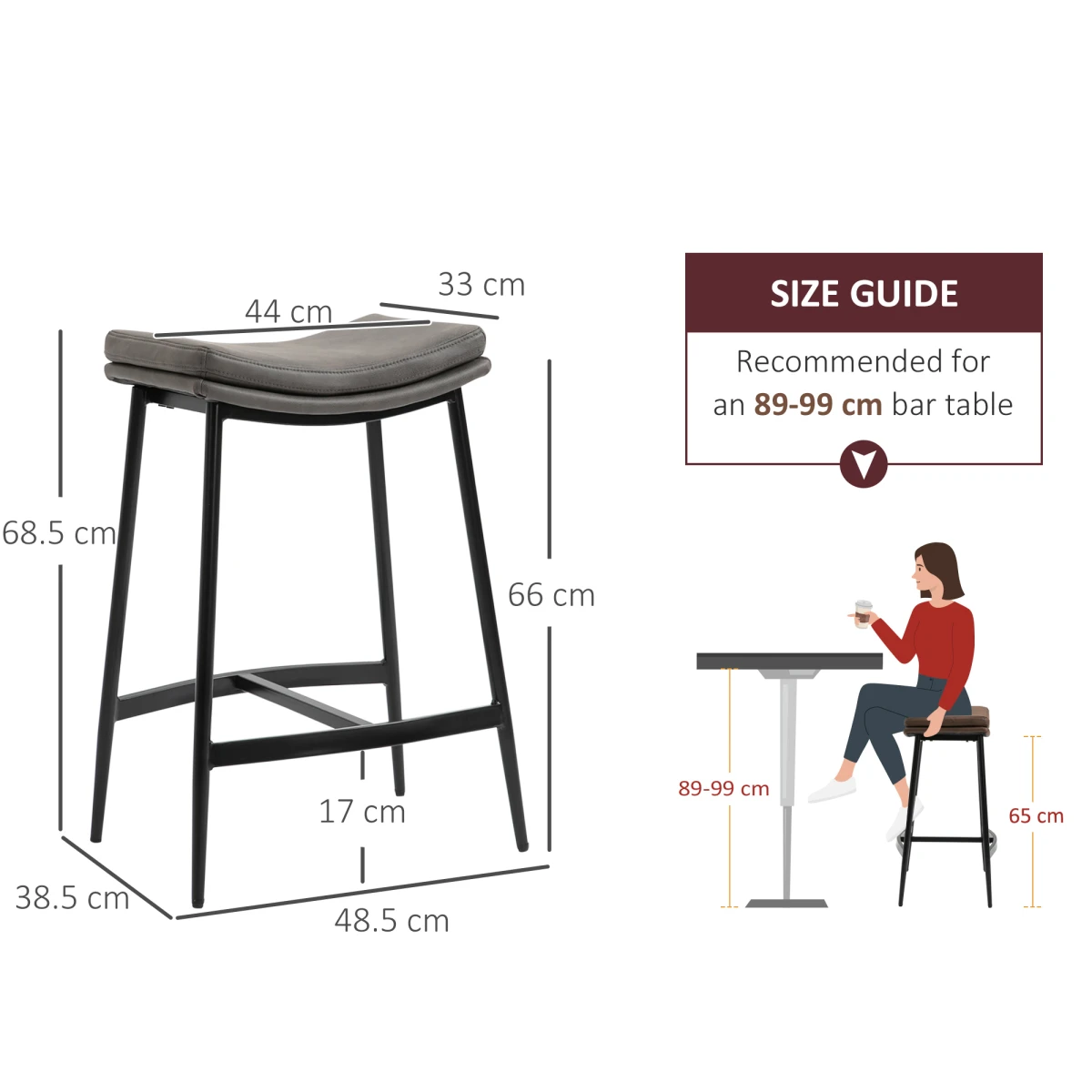 HOMCOM HOMCOM Bar Stool 89-99cm Curved Seat Grey Set of 2 - Bar Stool