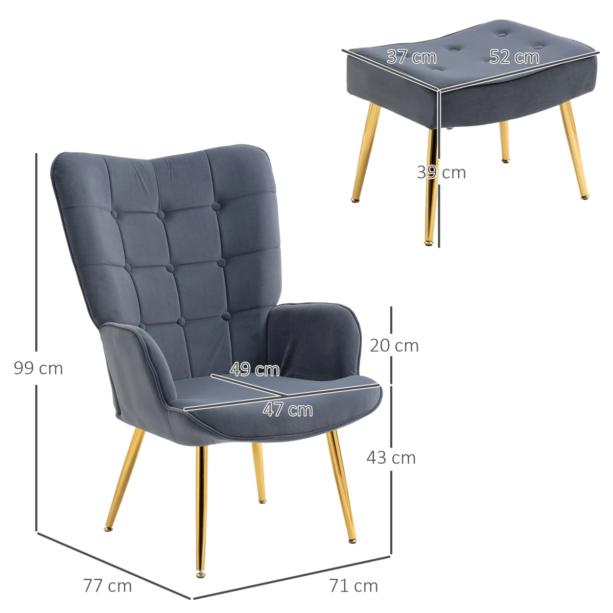 HOMCOM Armchair Footstool Button Tufted Gold Legs - Armchair