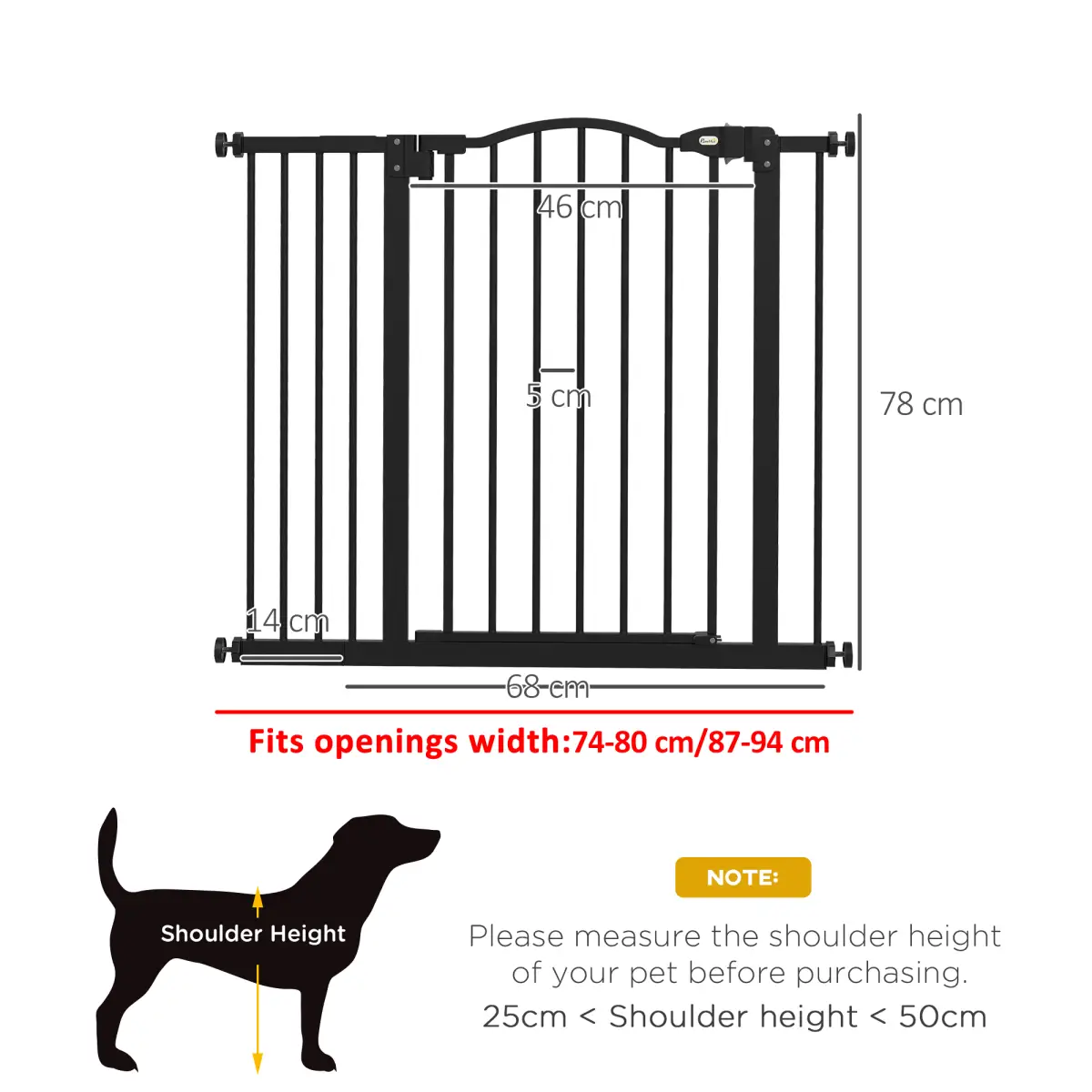 PawHut PawHut 74-94cm Adjustable Metal Pet Gate Safety Barrier w/ Auto-Close Black - Pet Gate
