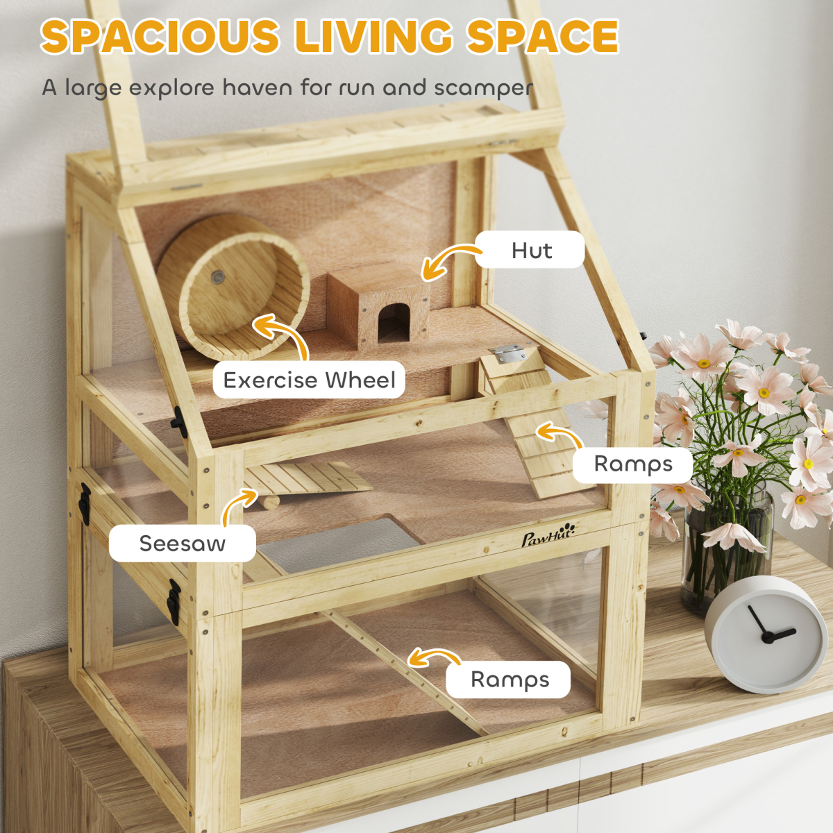 PawHut Wooden Hamster Cage w/ Detachable Bottom, Hut, Seesaw, 60 x 40 x 75cm - from PawHut