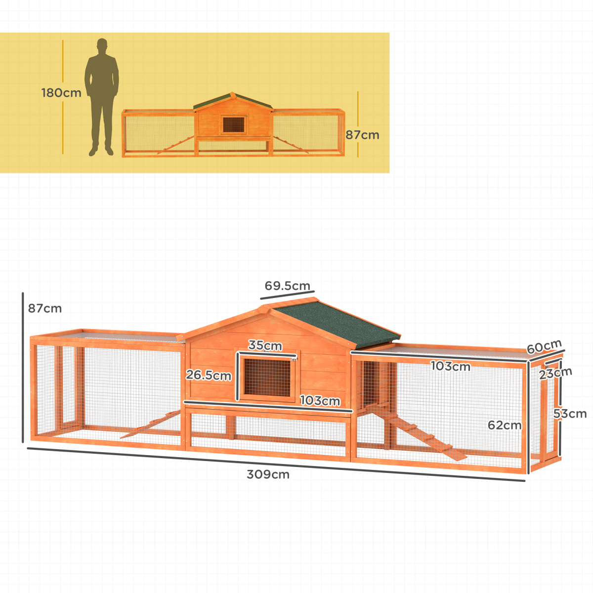 PawHut Wooden Rabbit Hutch Guinea Pig Hutch, Orange, 309 x 70 x 87cm - from PawHut
