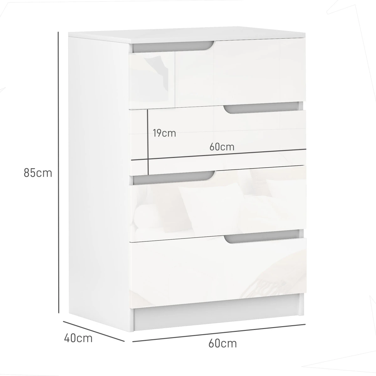 HOMCOM HOMCOM 4 Drawer Chest 60x40x85cm High Gloss Drawer Panels Hidden Curved Handles for Bedroom Storage - Chest of Drawers