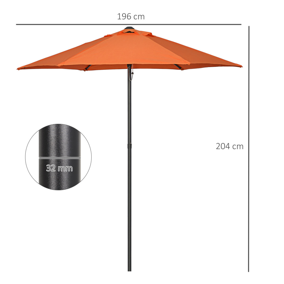 Outsunny Outsunny 2m Parasol Patio Umbrella, Outdoor Sun Shade with 6 Ribs Orange - Parasol