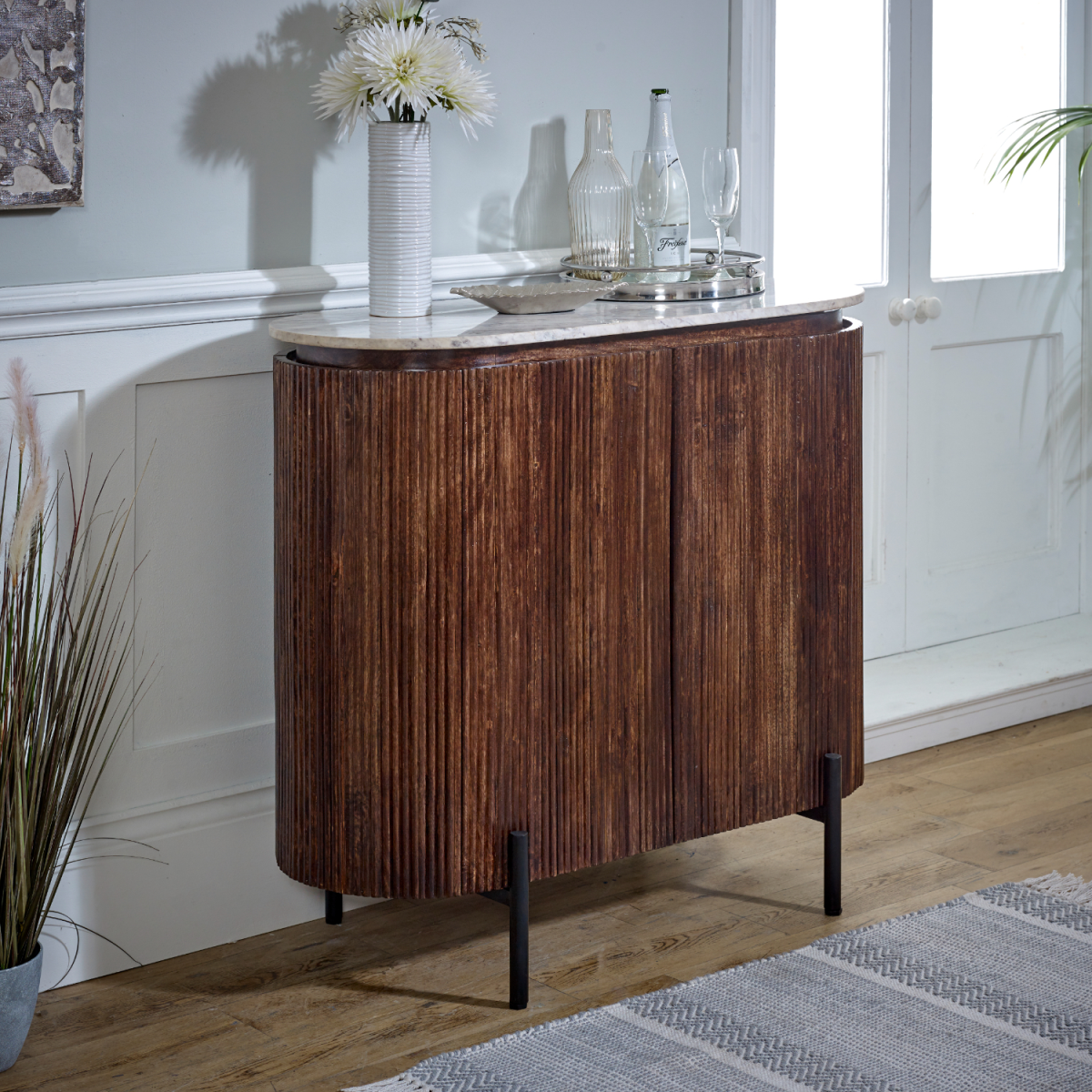 Opal Solid Wood Sideboard/Drinks Cabinet With Marble Top & Metal Legs - from Indian Hub