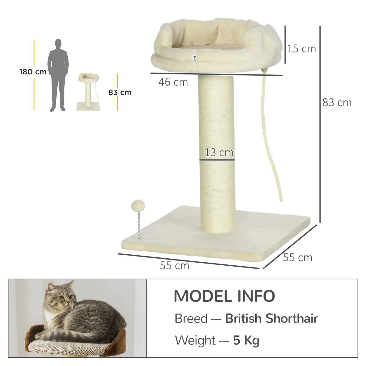 PawHut Cat Tree for Indoor Cats w/ Sisal Scratching Post, Spacious Kitten Bed - Cream - Cat Tree