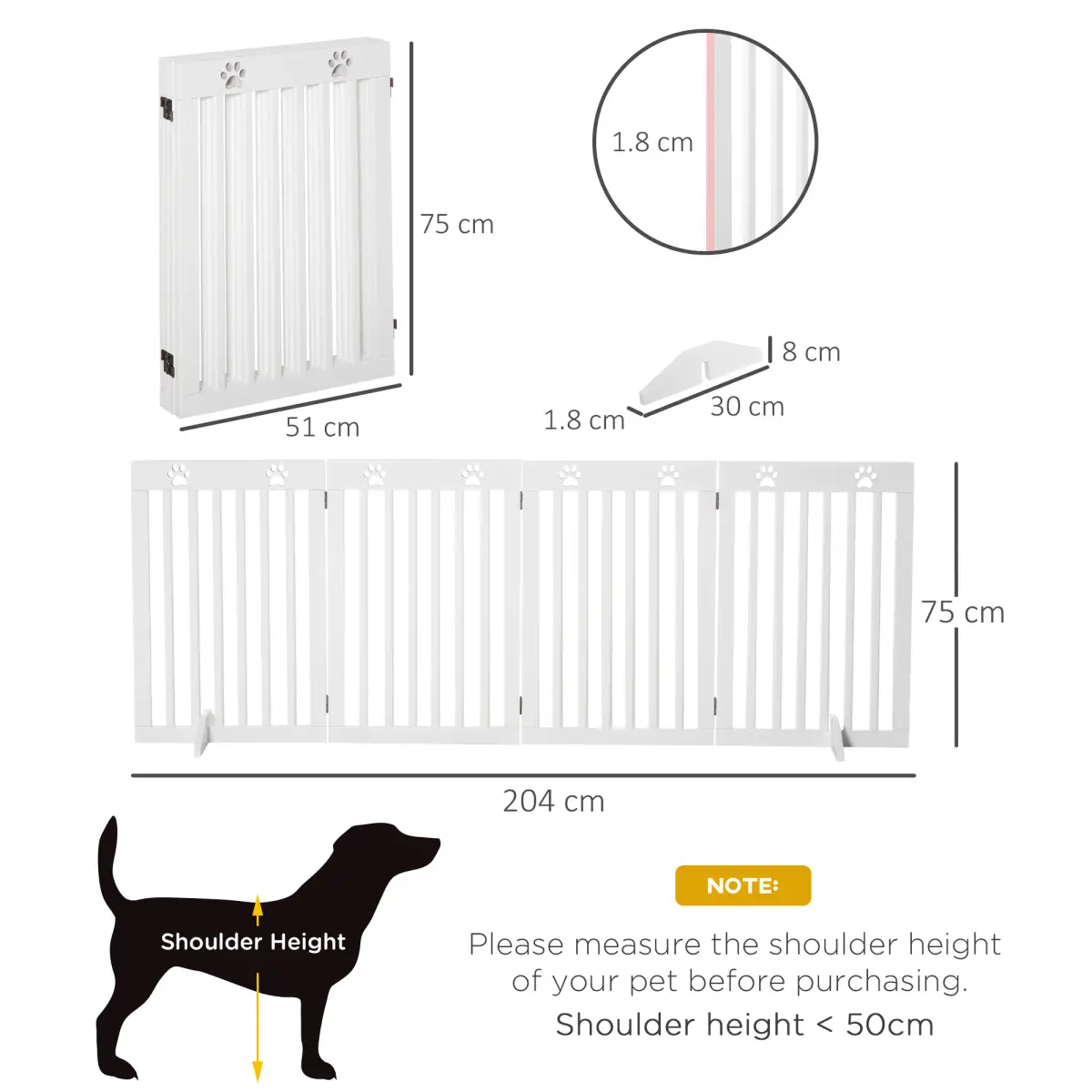 Pawhut Pet Gate Foldable Freestanding Dog Safety Barrier w/ Support Feet White - Pet Gate