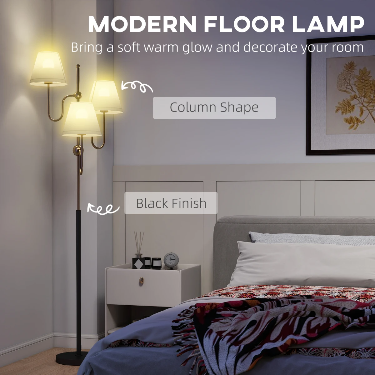 HOMCOM 3-Light Floor Lamp 165 cm Tall with Foot Switch - Lamp