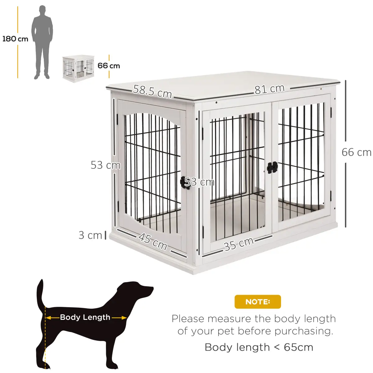 Pawhut Wooden Dog Crate End Table Pet Puppy Cage w/Metal Wire for Small Dog White - Dog Crate