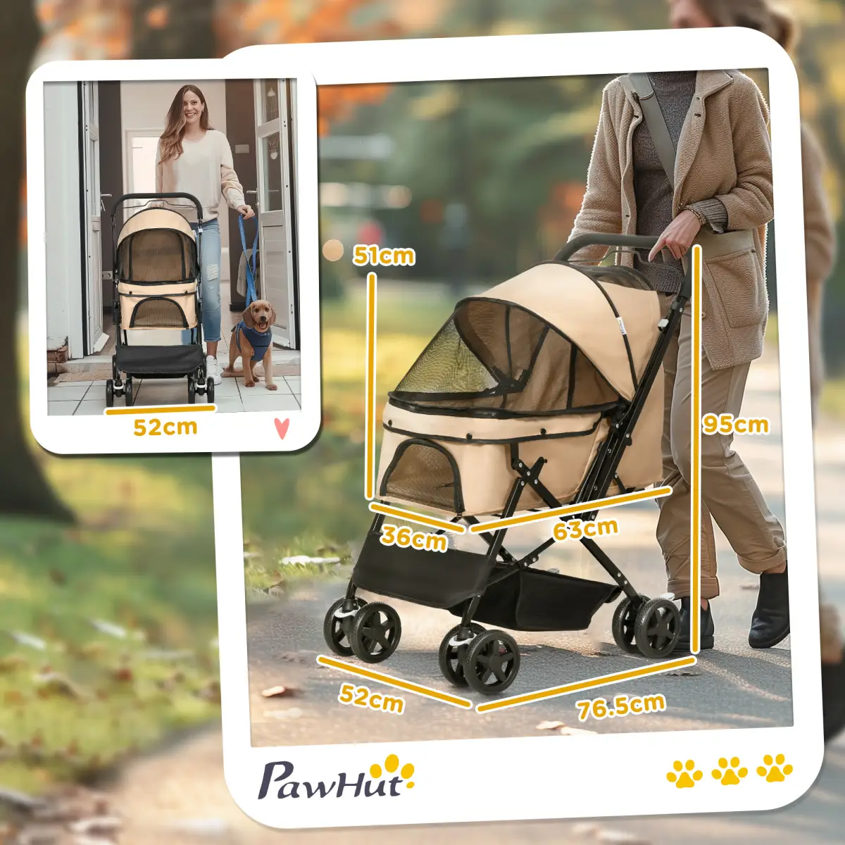 PawHut Pet Stroller Dog Foldable Travel Carriage with Reversible Handle, Brown - Pet Carrier