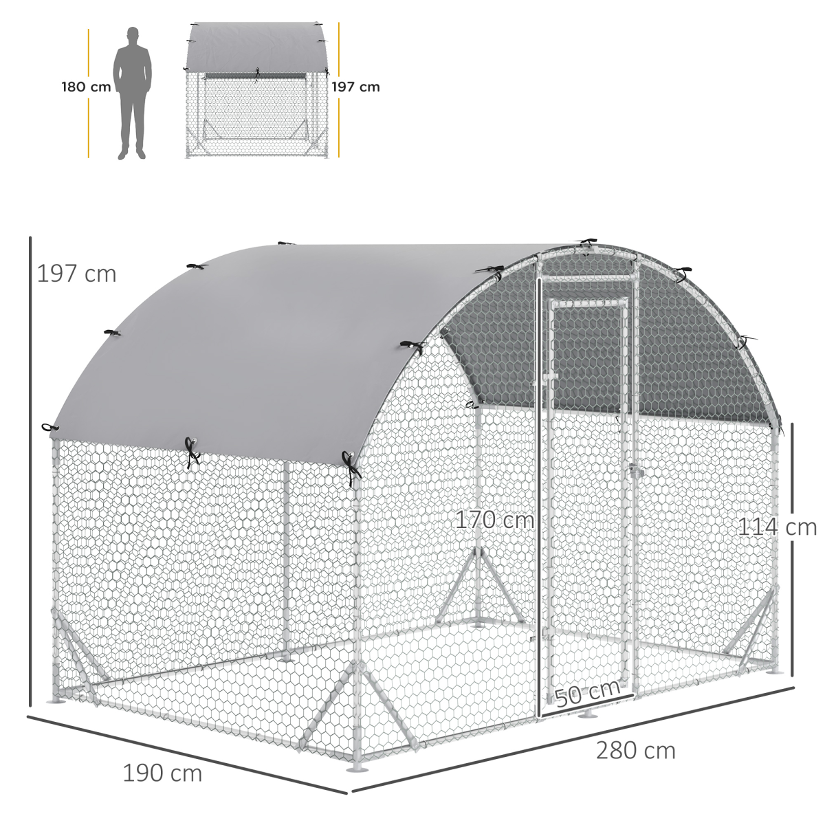 Chicken Run One Room Galvanised Chicken Coop Hen House w/ Cover 2.8 x 1.9 x 2m - from Pawhut