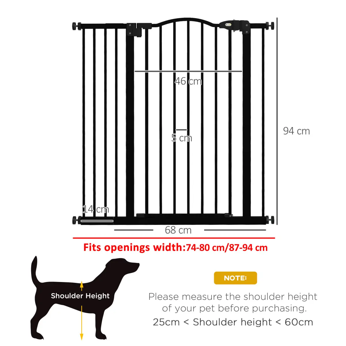 PawHut PawHut 74-94cm Adjustable Metal Pet Gate Safety Barrier w/ Auto-Close Door Black - Pet Gate