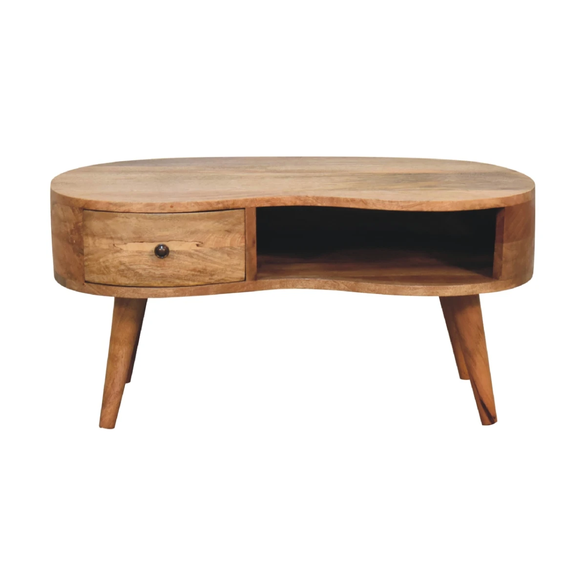 Artisan Furniture Artisan Coffee Table Oval 40InL Solid Mango Wood Oakish Finish Curved Wave Drawer Shelf For Modern Living Rooms - Coffee Table