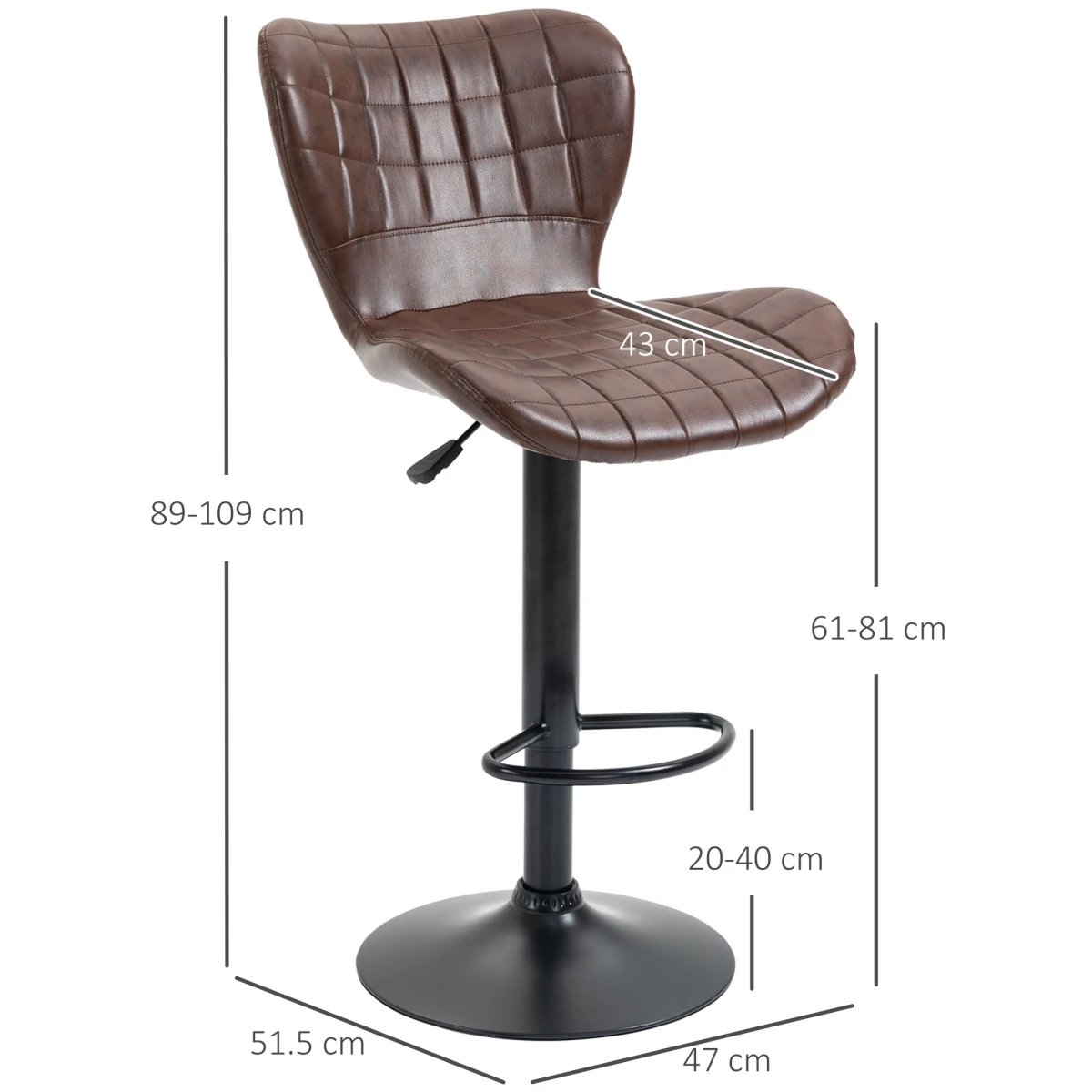 Set of 2 Adjustable Height Swivel Bar Chairs in PU Leather with Backrest Brown by HOMCOM