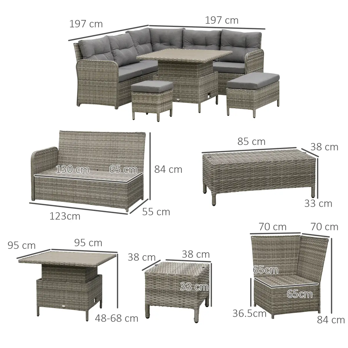 Outsunny Outsunny 6 PCs Rattan Garden Furniture Sectional Conversation Corner Sofa - Garden Sofa Sets