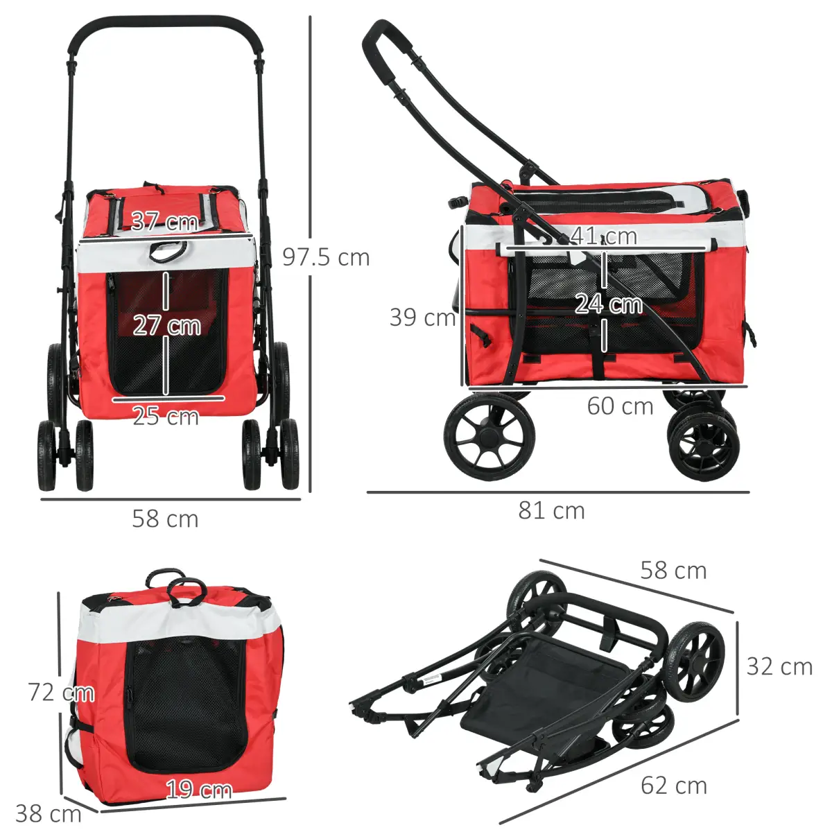PawHut PawHut Foldable Pet Stroller w/ Detachable Carrier, Soft Padding - Red - Pet Carrier