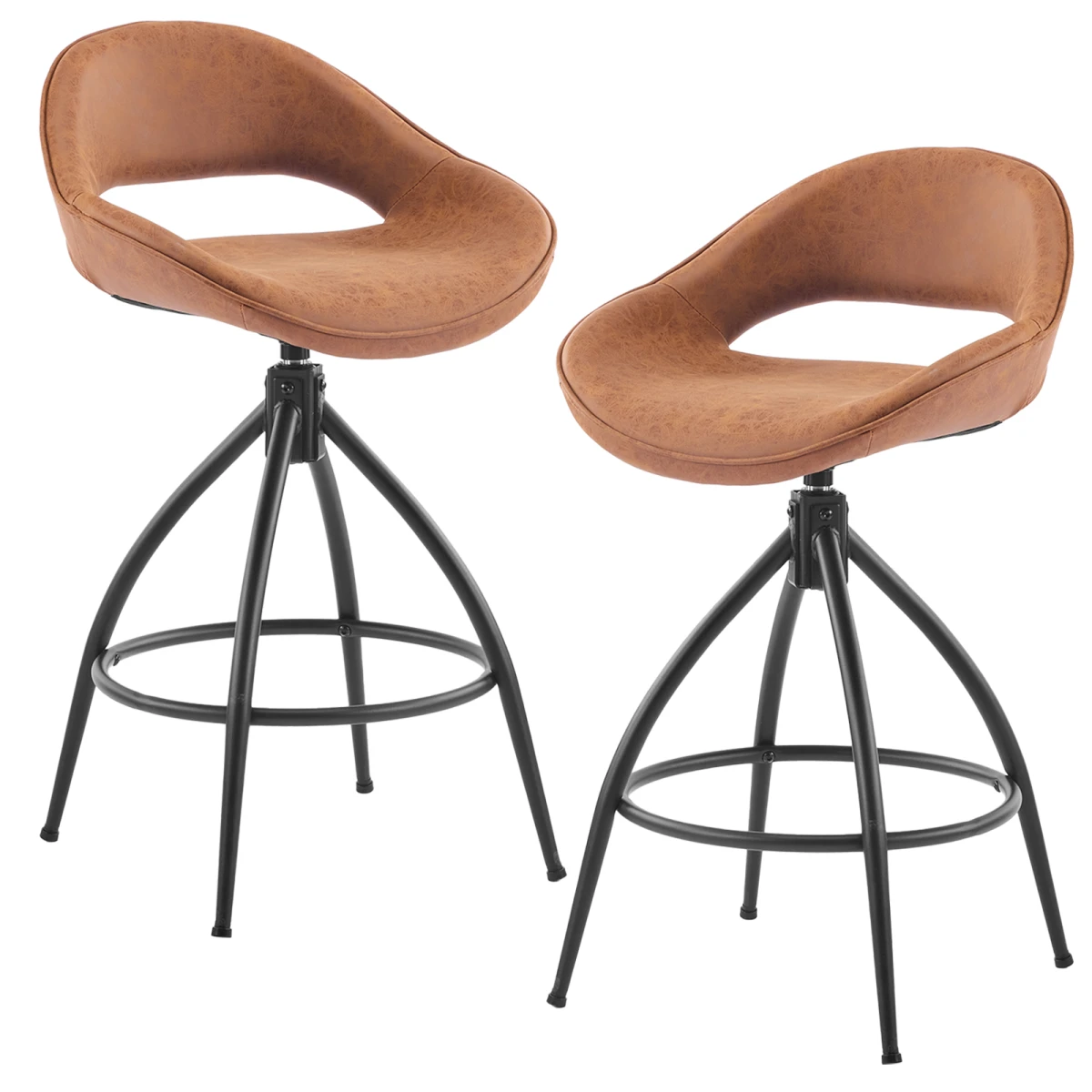 N/A 2pcs hollow backrest PU spray-coated bent iron feet bar stool brown with swivel -