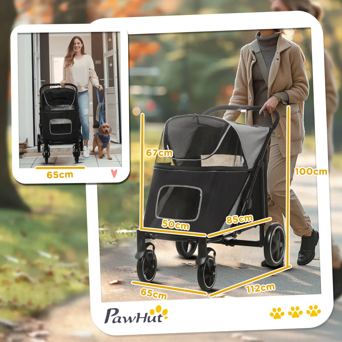 PawHut PawHut Foldable Dog Carriage w/ Universal Wheels, Shock Absorber - Black - Pet Carrier