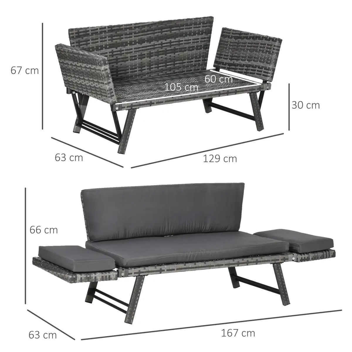 Outsunny 2 in 1 Rattan Folding Daybed Sofa Grey w/Cushion - Garden Sofa Sets