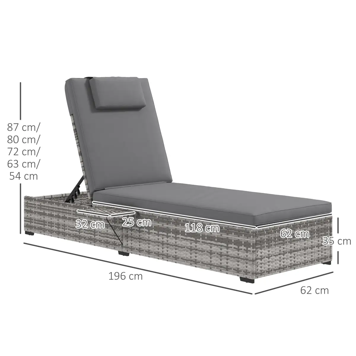 Outsunny Outsunny Rattan Lounger with Cushion, 5-Level Reclining Rattan Sun Lounger, Grey - Sun Lounger