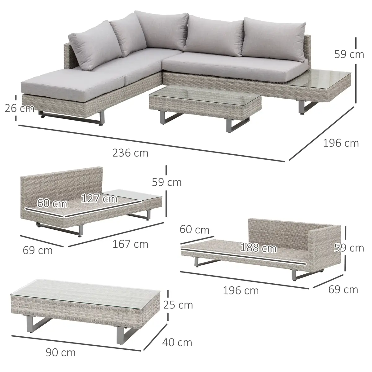 Outsunny 3pc Rattan Sofa Set Lounge Furniture Tea Table, Side Table & Cushioned Grey - Garden Sofa Sets