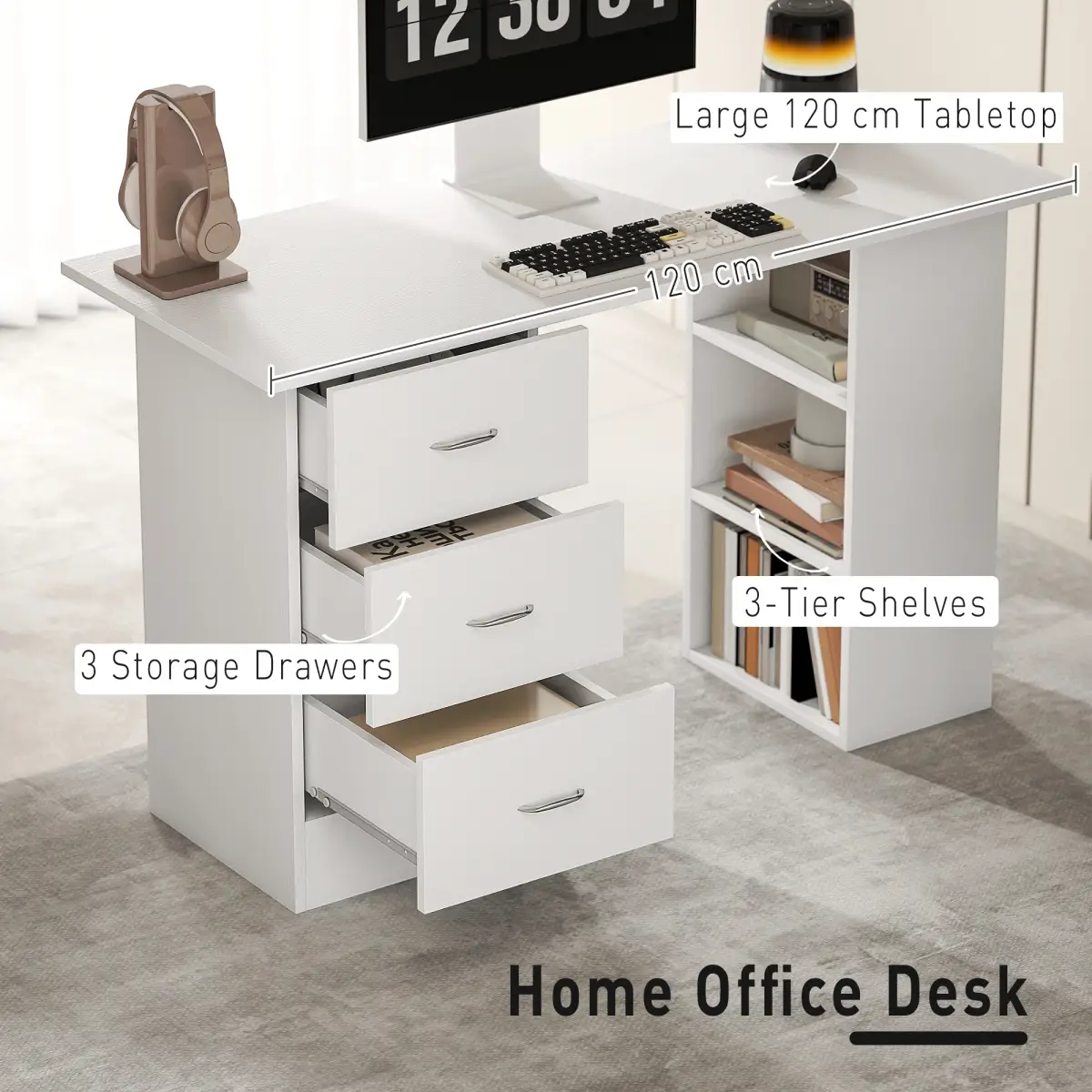HOMCOM HOMCOM 120cm Computer Desk PC Table Workstation w/ 3 Shelf & Drawers White - Desk