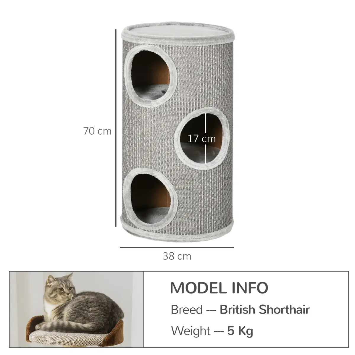 PawHut Cat Barrel Kitten Tree Tower for Indoor Cats, Covered with Sisal, Cosy Platform - Cat Tree