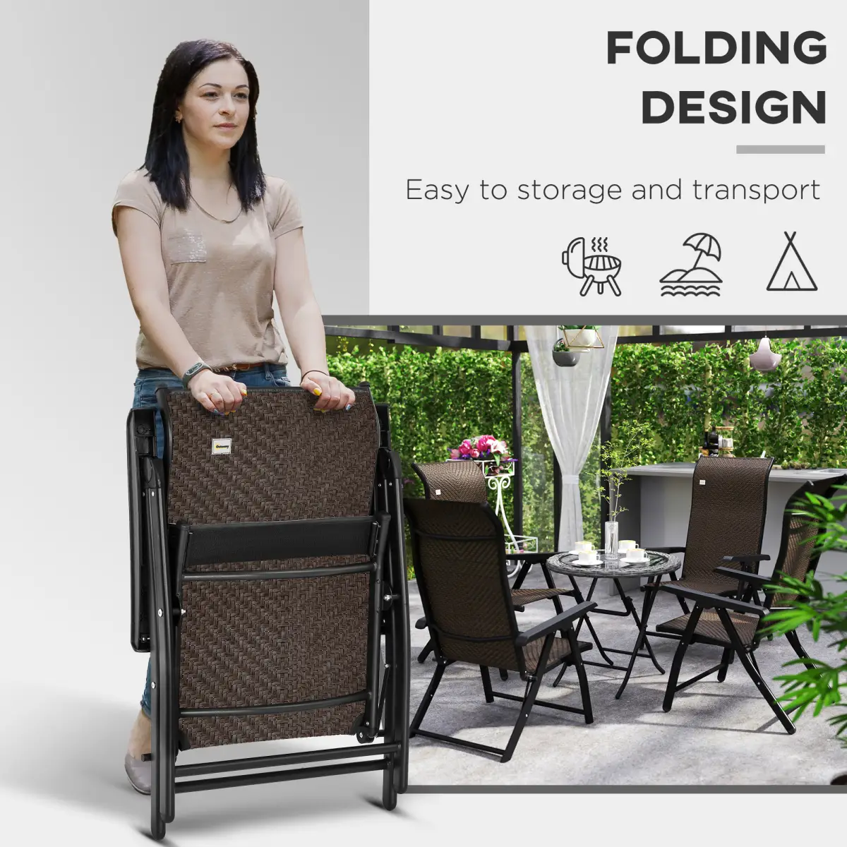 Outsunny Outsunny Set of 4 Outdoor Rattan Folding Chair w/ Adjustable Backrest Brown - Folding Chairs
